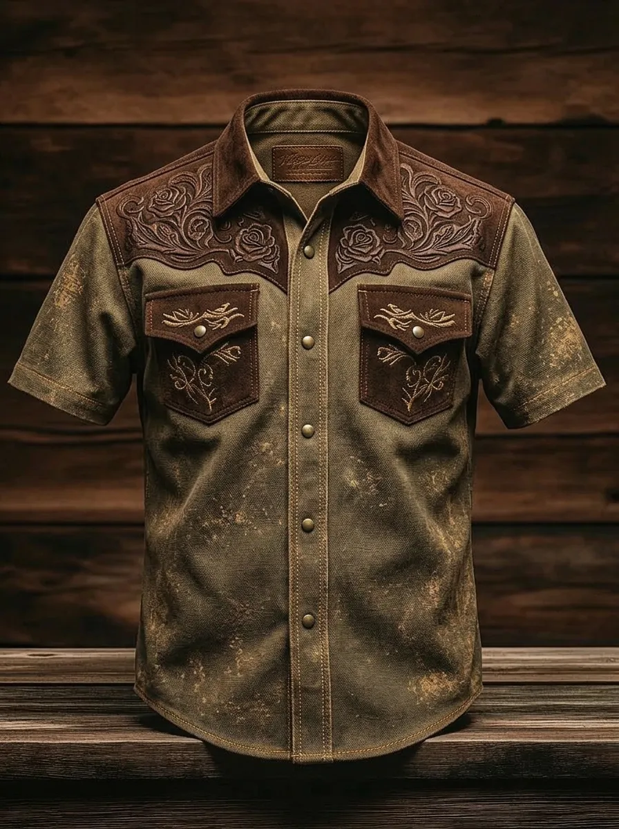 Men's Western Cowboy Floral Embossed Suede Printed Shirt