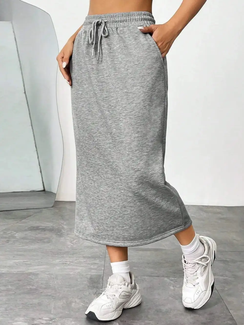 Drawstring Side Slit Midi Skirt