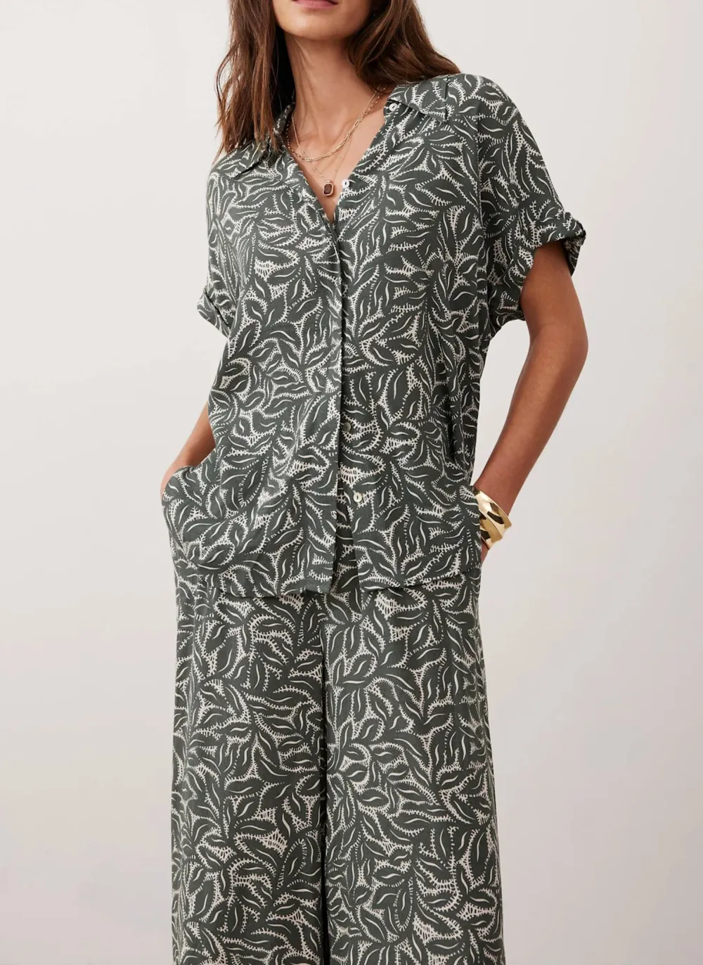 Casual Style Green Leaf Print Shirt