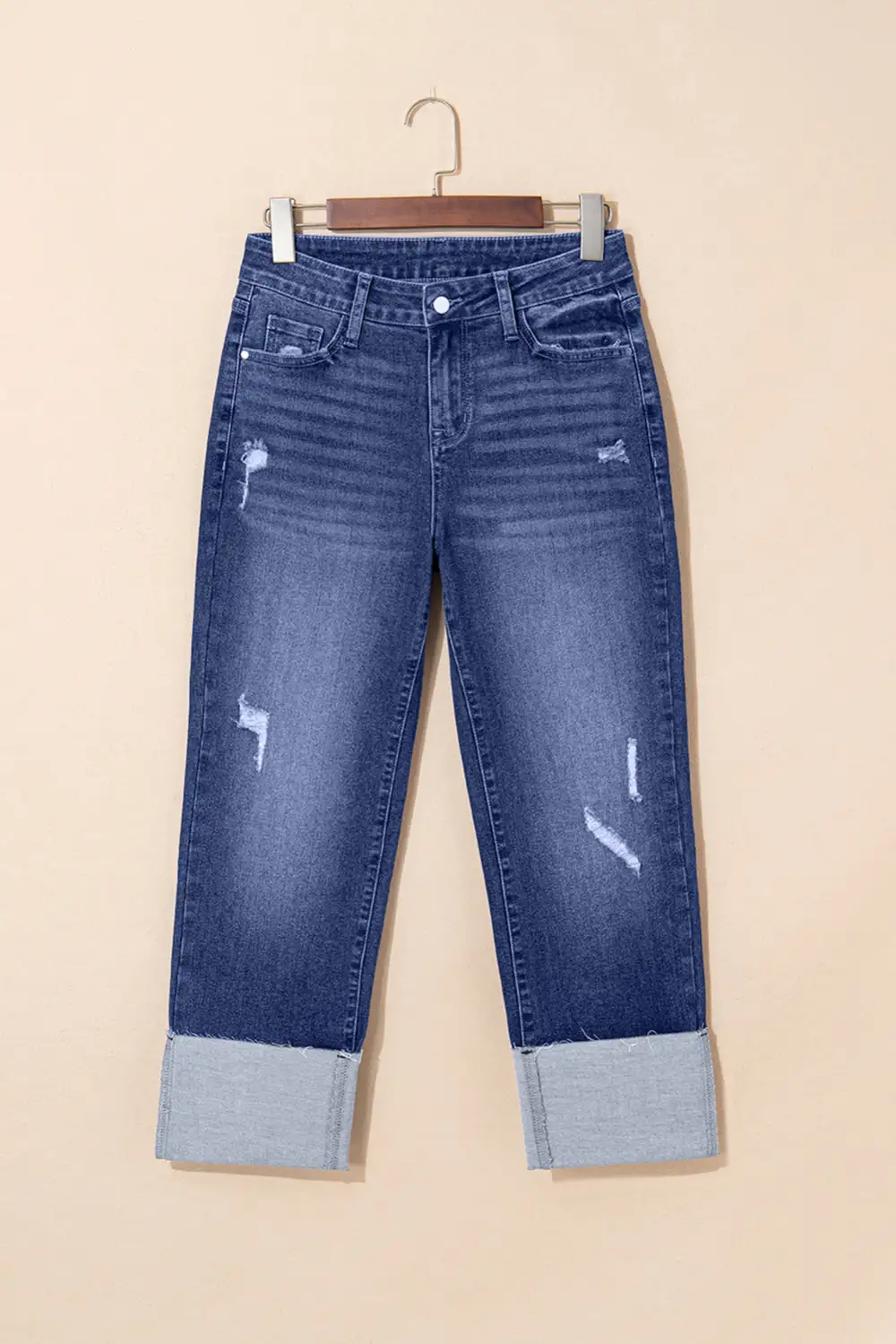 High Waist Distressed Real Folded Cuffs Jeans