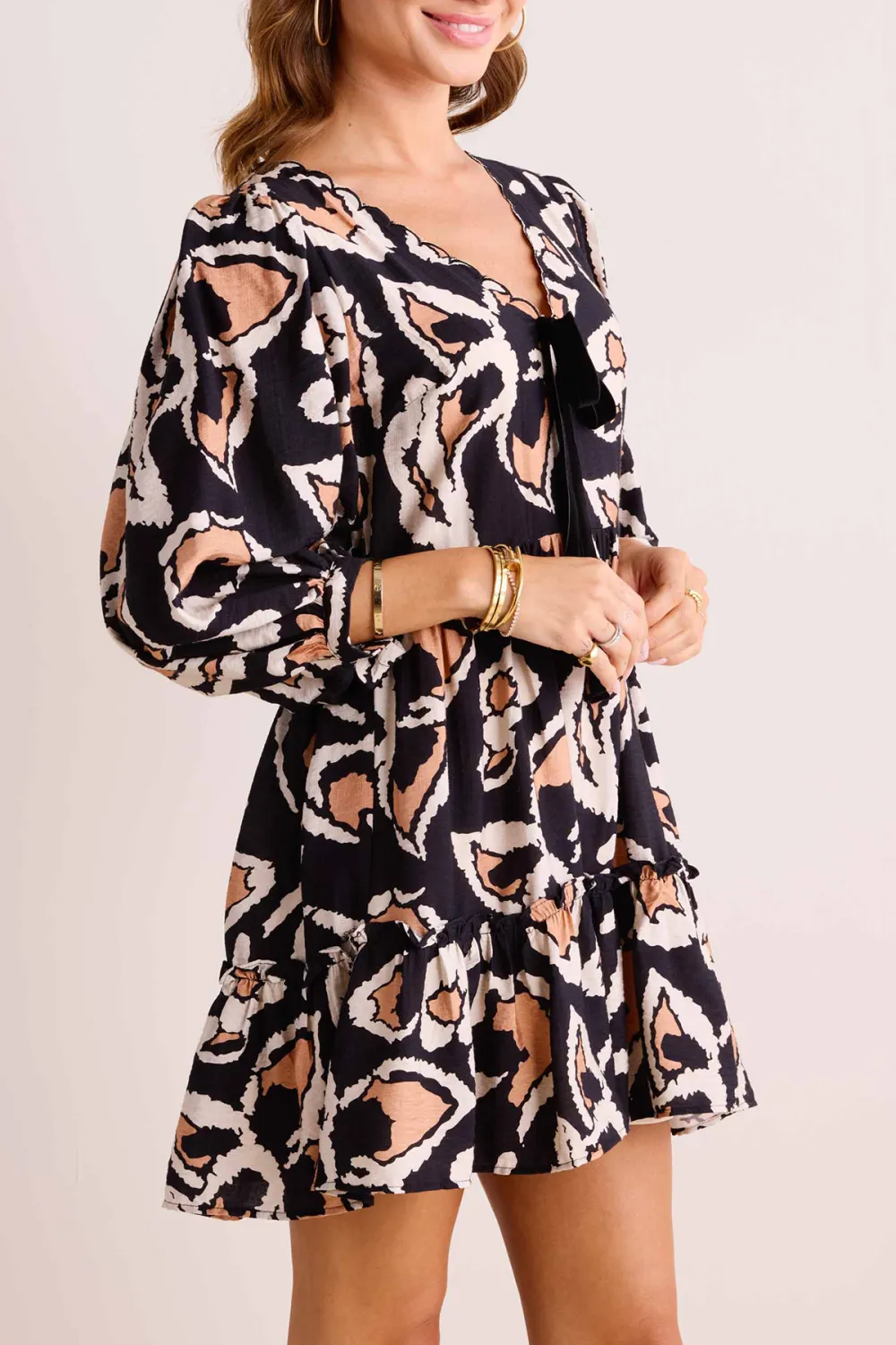 Abstract Print V-Neck Puff Sleeve Dress