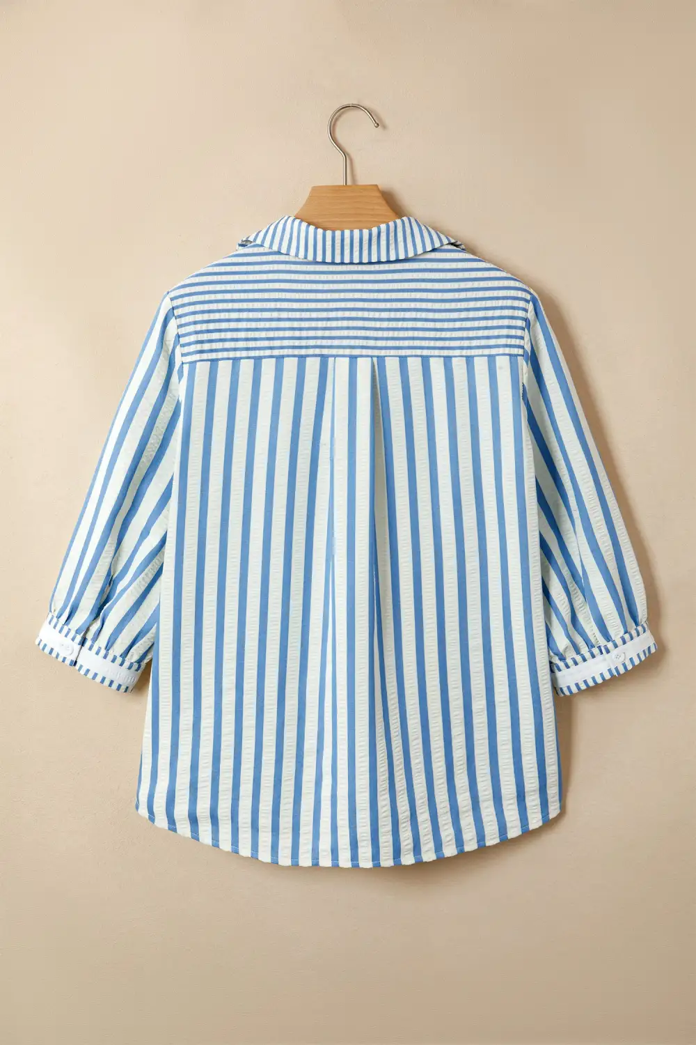 Sky Blue Stripe 3/4 Sleeve Collared Neck Blouse