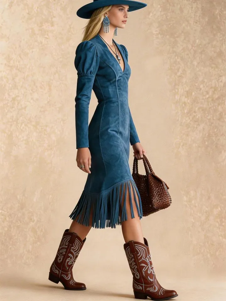 Blue Suede Puff Sleeve V-Neck Tassel Midi Dress