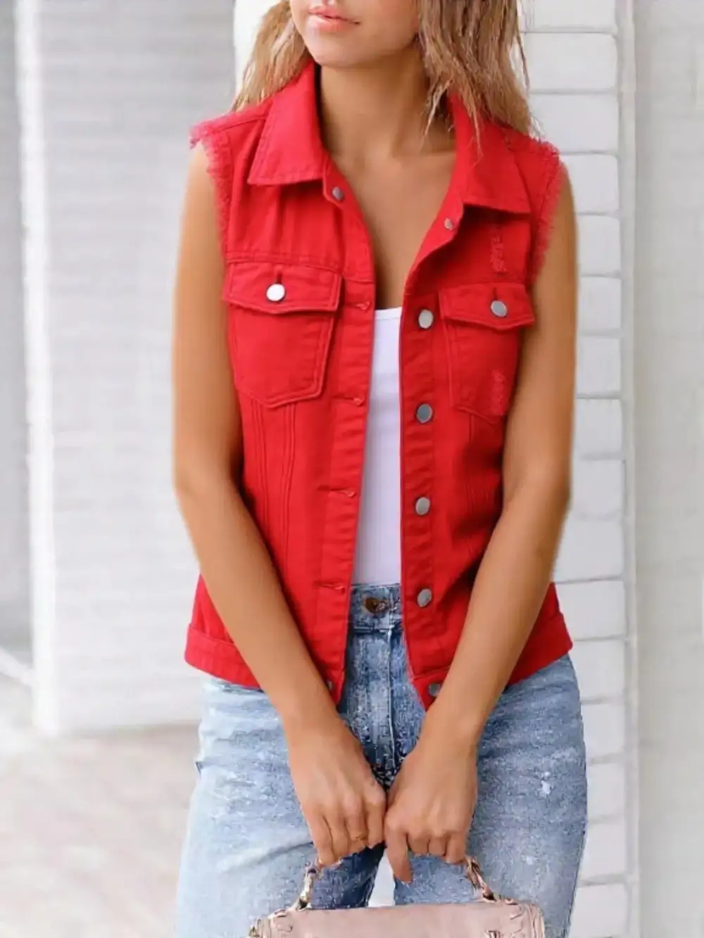 Full Size Sleeveless Frayed Denim