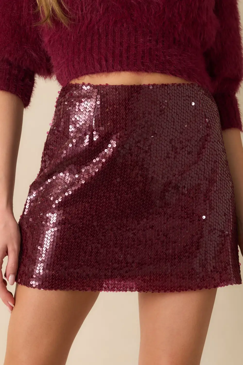 Wine Sequin Mini Skirt