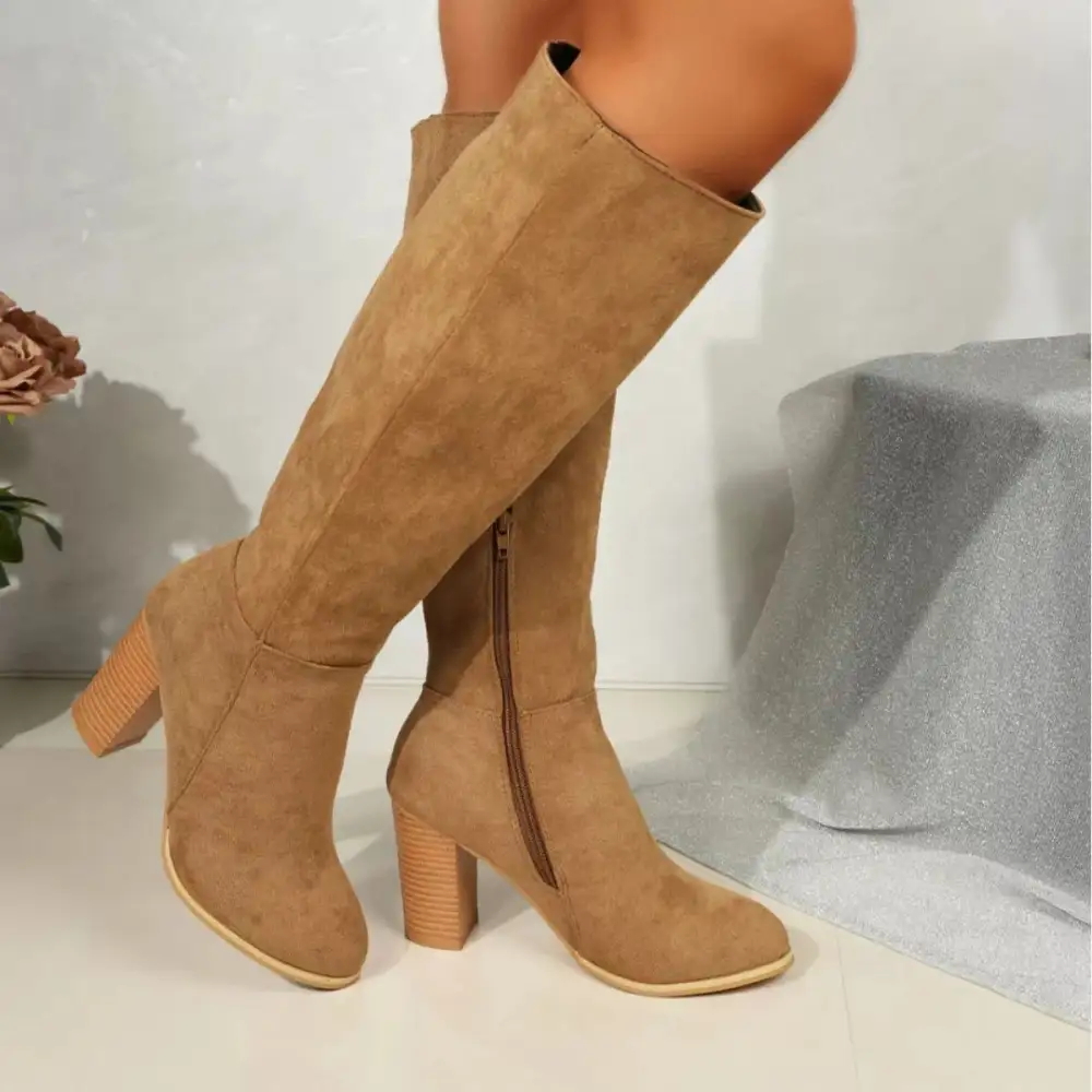 Pointed Toe Knee High Suede Block Heel Boots
