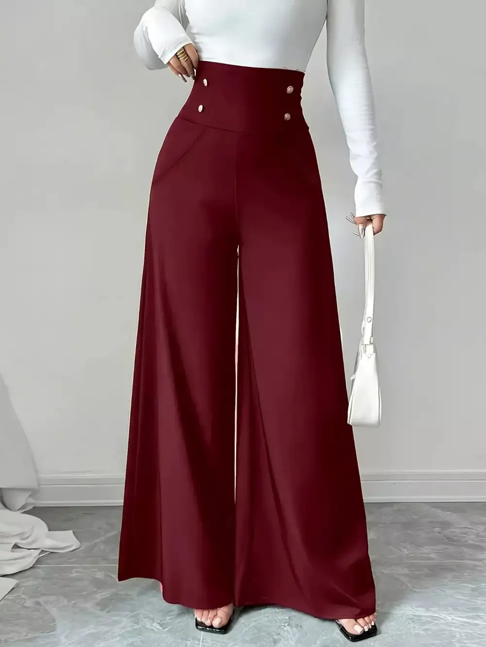Everyday High Waist Wide Leg Button Decor Pants