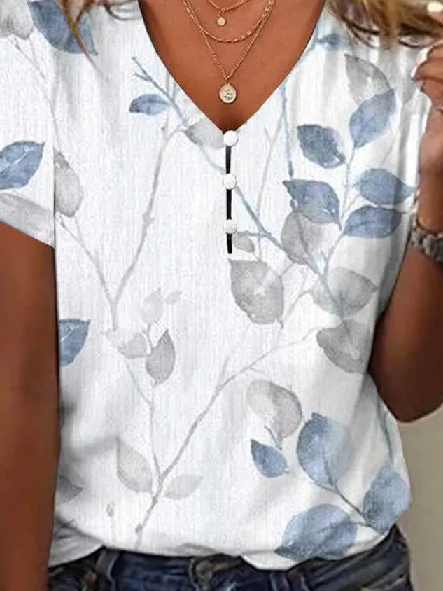 V Neck Casual Leaf Printed Blouse