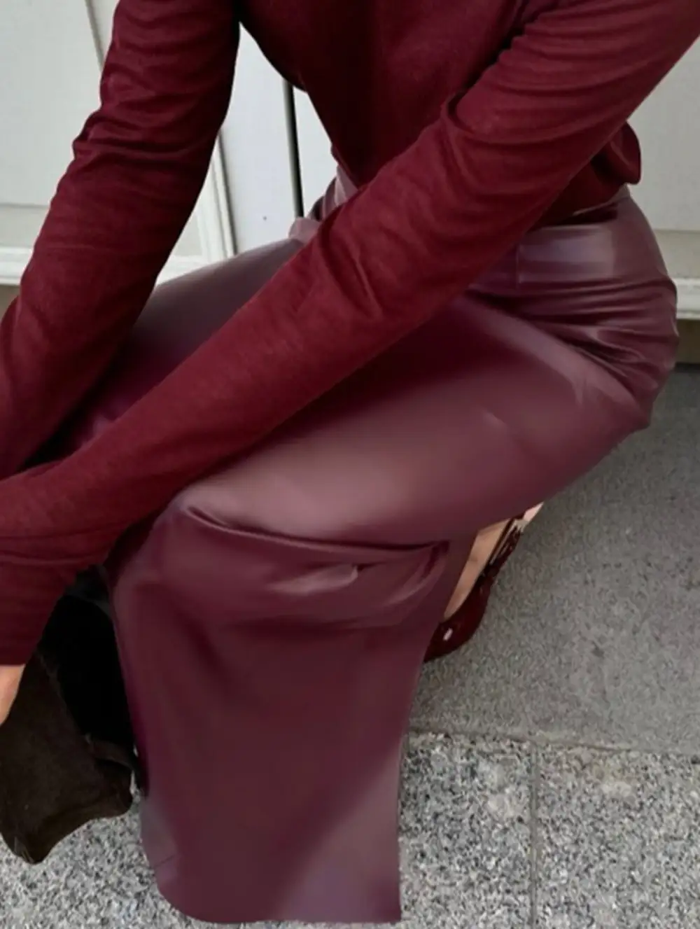 Leather Look Pencil Slit Midi Skirt