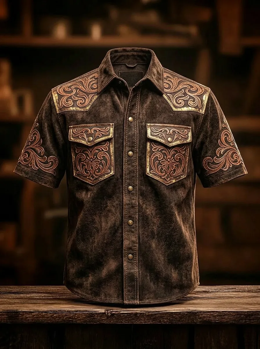 Men's Western Cowboy Floral Tooled Leather Printed Shirt-3