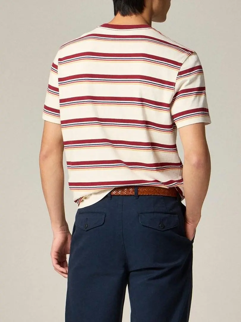 Cream And Maroon Striped Crew Neck T-Shirt