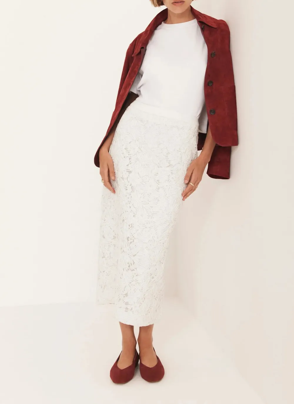 Casual Style Cream Lace Pencil Skirt