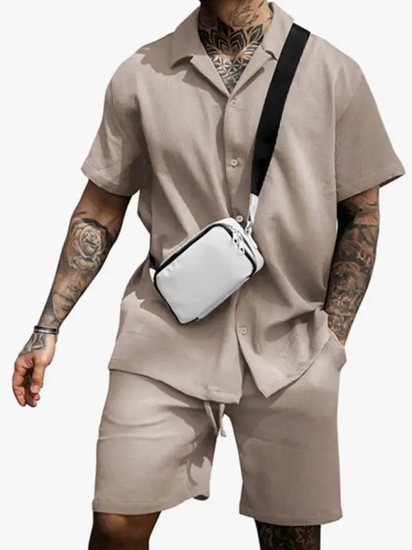 Lapel Collar Everyday Short Sleeve Shorts