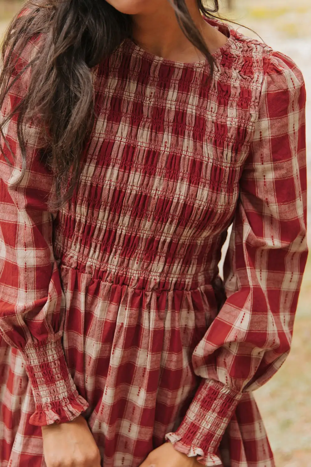 Lightweight Feel Plaid Printed Smocked Mini Dress