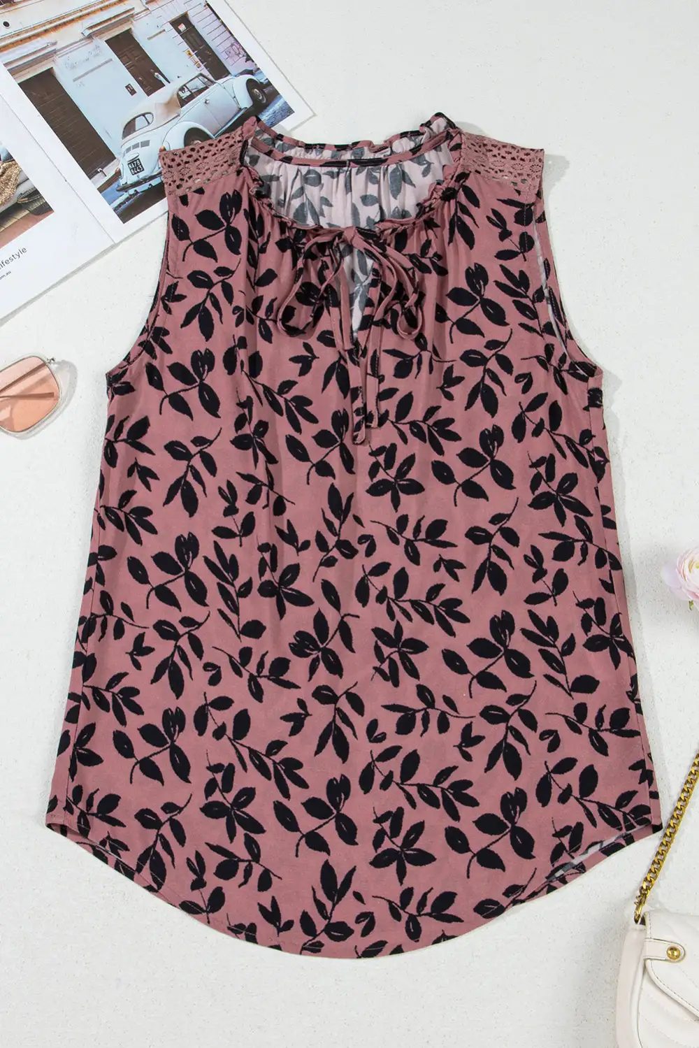 Leaf Print Lace Up V Neck Crinckled Tank Top