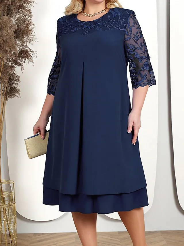 Women's Plus Size Curve Party Dress Lace Dress Cocktail Dress Midi Dress Pink Dark Blue Light Blue 3/4 Length Sleeve Floral Lace Spring Fall Winter Crew Neck Fashion Birthday Wedding Guest