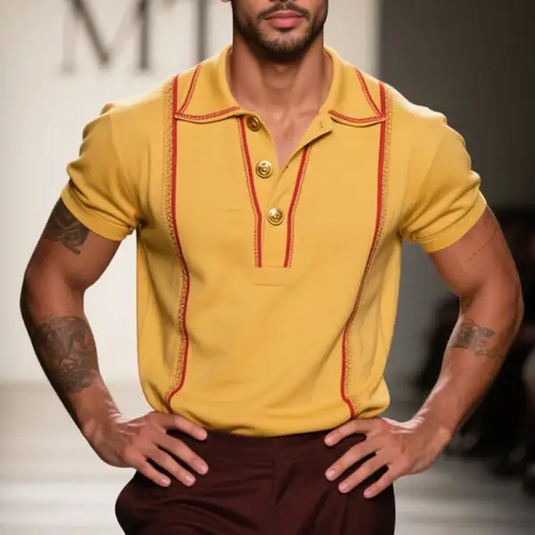 Smooth Short Sleeve Collared Knit Striped Shirt