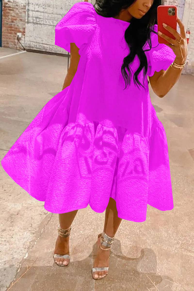 Women‘s Plus Size Magenta Daily Puff Sleeve Round-neck Ruffle Midi Dresses [New]