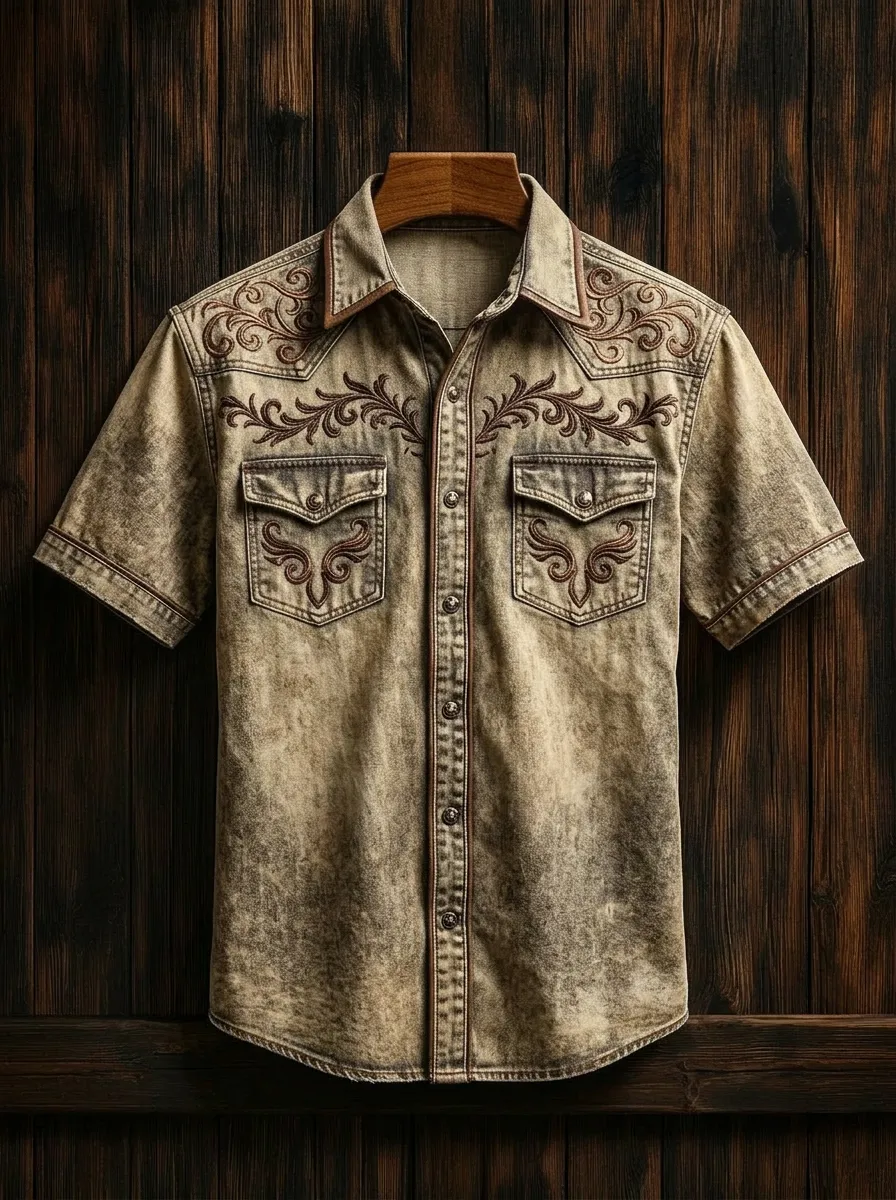 Men's Western Cowboy Floral Embroidery Acid Wash Printed Shirt