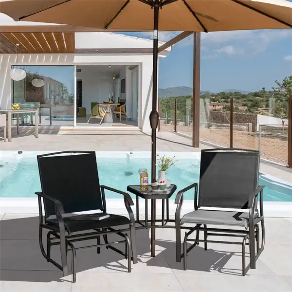 2-Seat Patio Rocking Chair Outdoor Double Glider Chair with Glass Table & Umbrella Hole