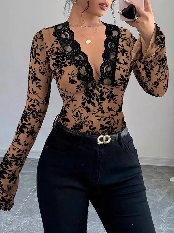 Flared Sleeve Long Sleeve Deep V-Neck T-Shirt