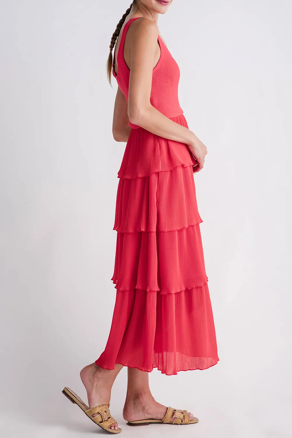 Merci Pleated Tiered Midi Dress - redorange