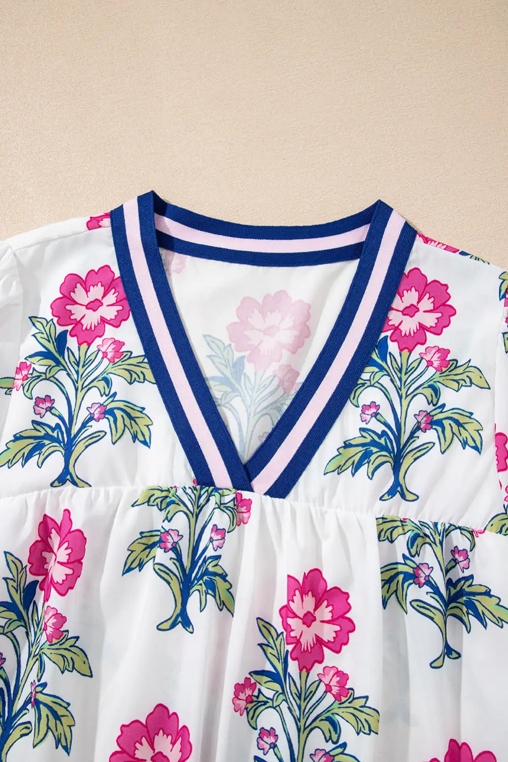 White Floral Print Striped V Neck Blouse