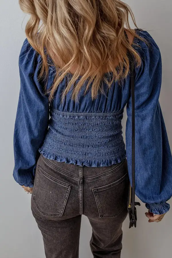 Ruffled Smocked V-Neck Blouse
