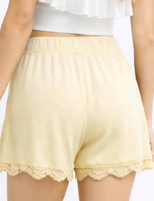 Ribbed Knit Elastic Waist Lace Trim Wide Leg Shorts