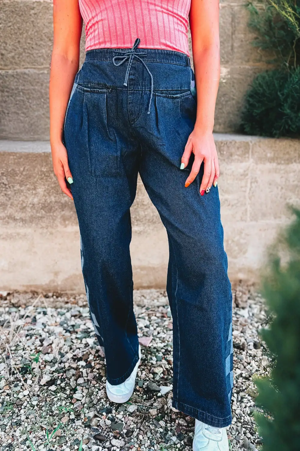 Loose Drawstring Checkered Side Panel Patchwork Jeans