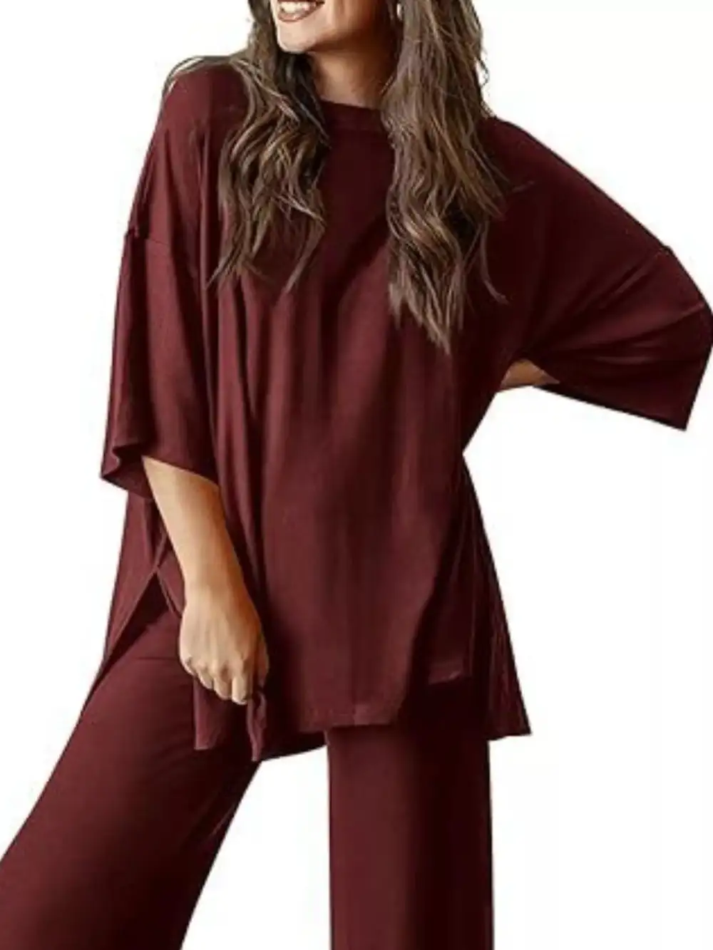 Relaxed Fit Round Neck Top and Pants Two Piece Set