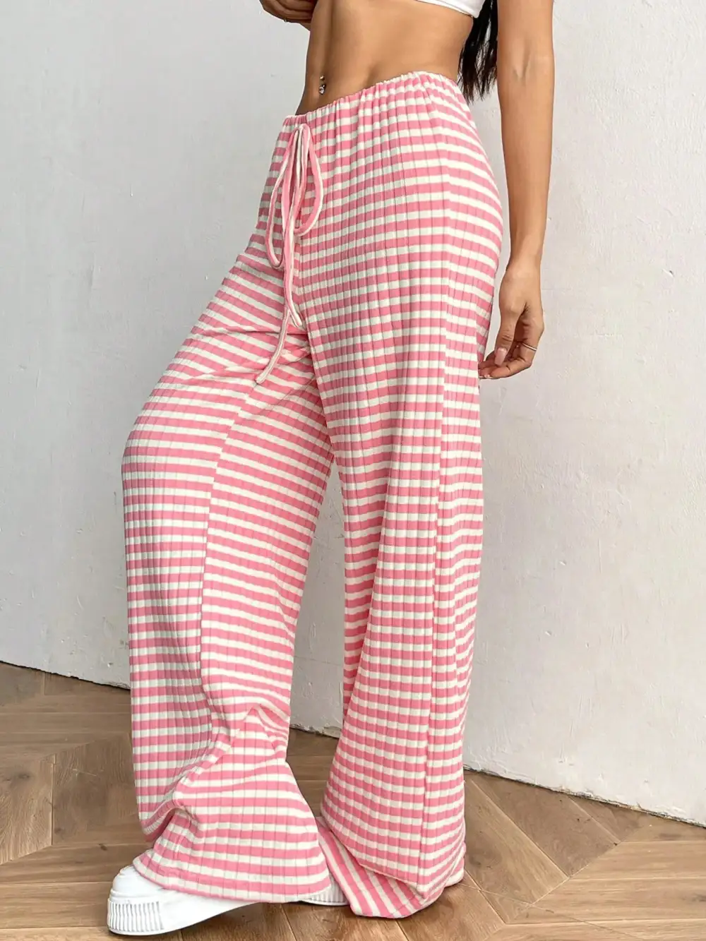 Relaxed Striped Wide Leg Drawstring Pants