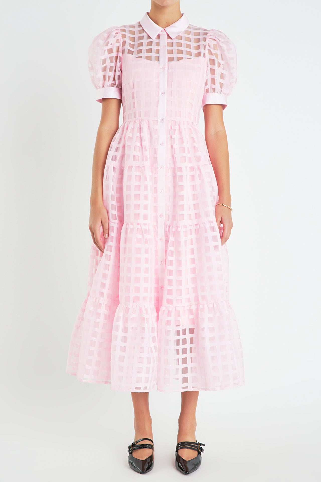 Gridded Organza Tiered Maxi Dress