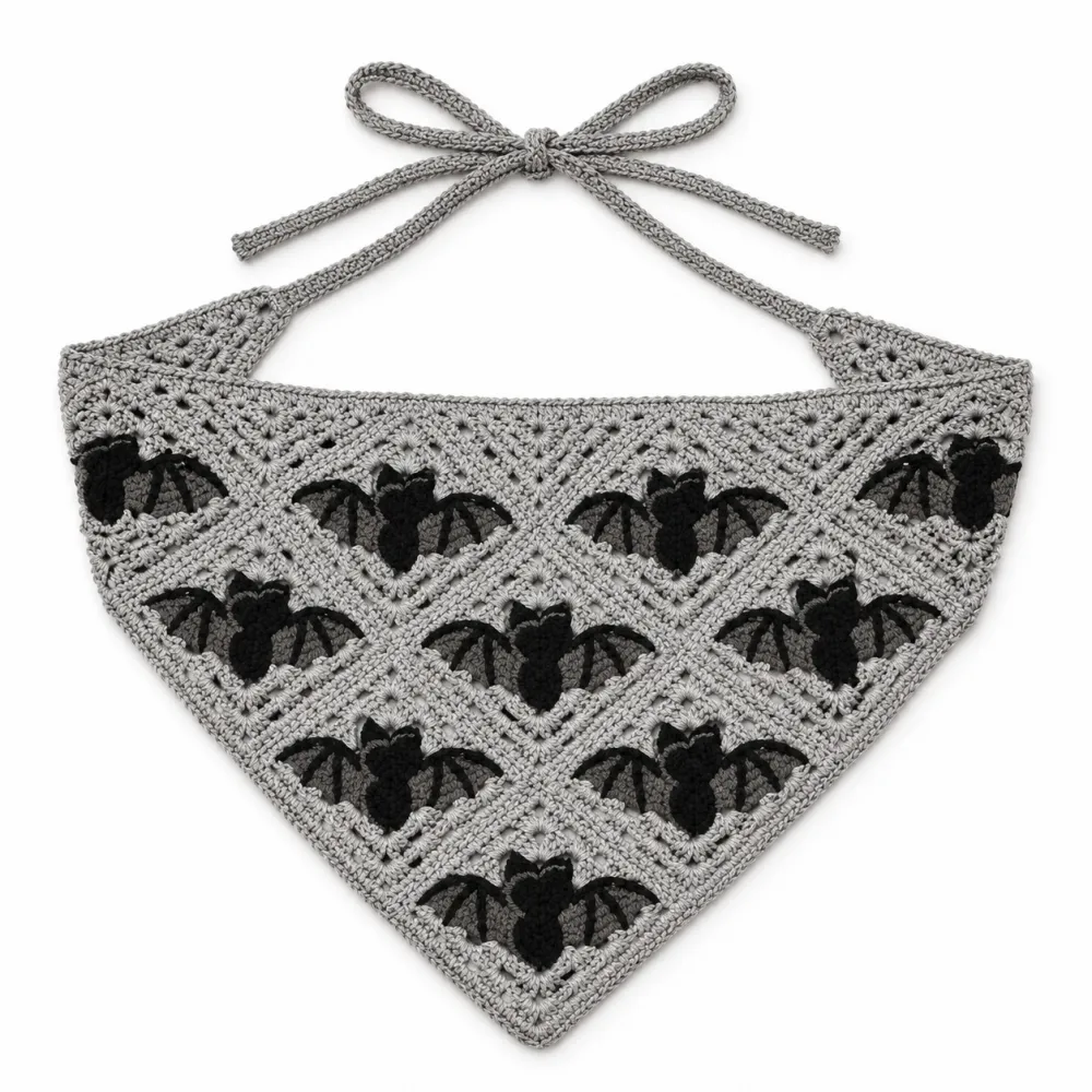 Women's Halloween Polyester Triangle Bandana - Crochet Boho Bandana with Ghost/Bat/Web Pattern, Triangle Shape
