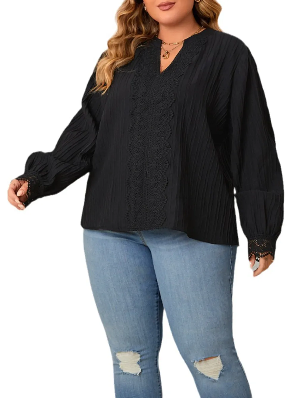 Solid Color V Neck Loose Casual Long Sleeved Plus Size Women Clothing