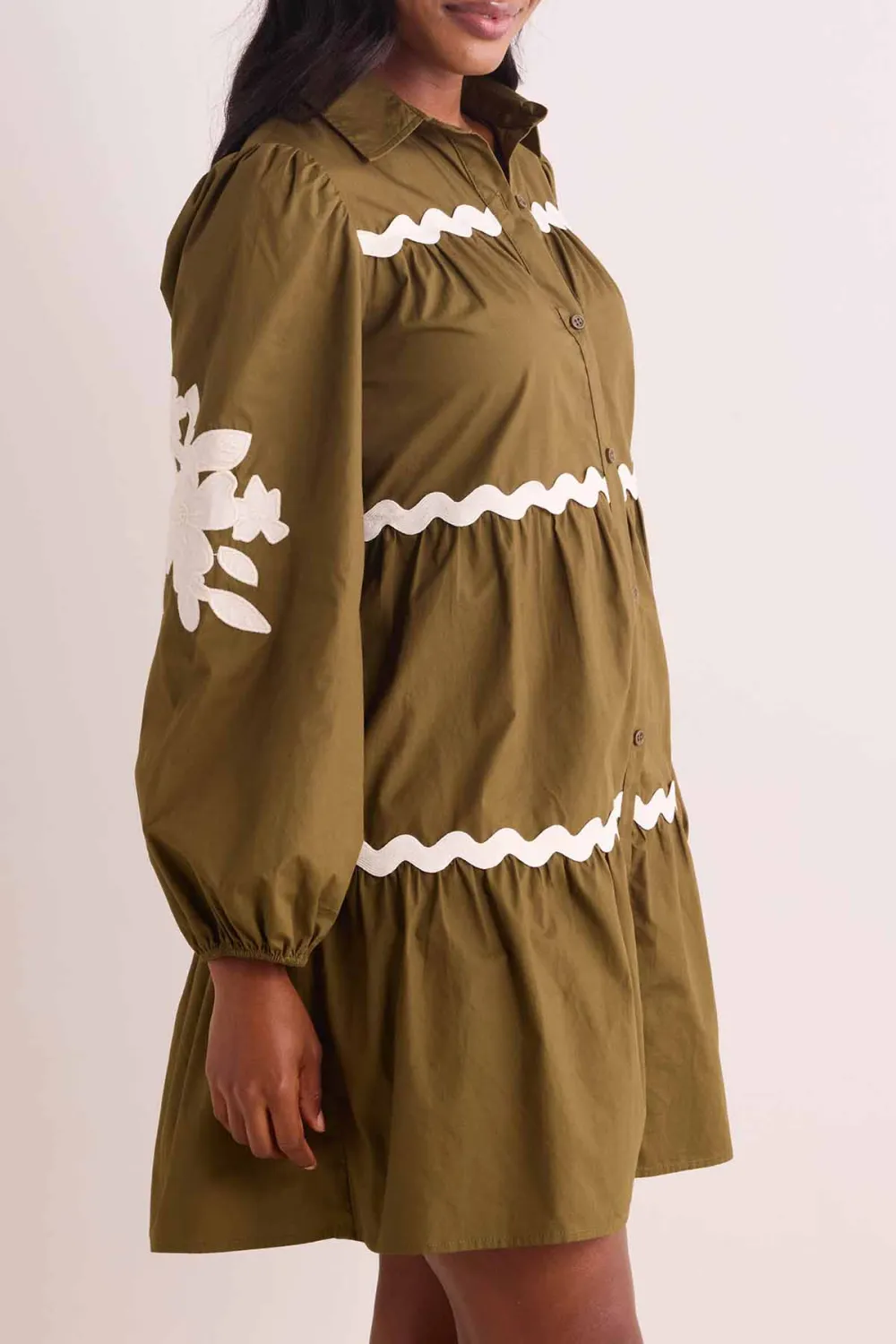 Olive Green Scallop Trim Long Sleeve Tiered Dress