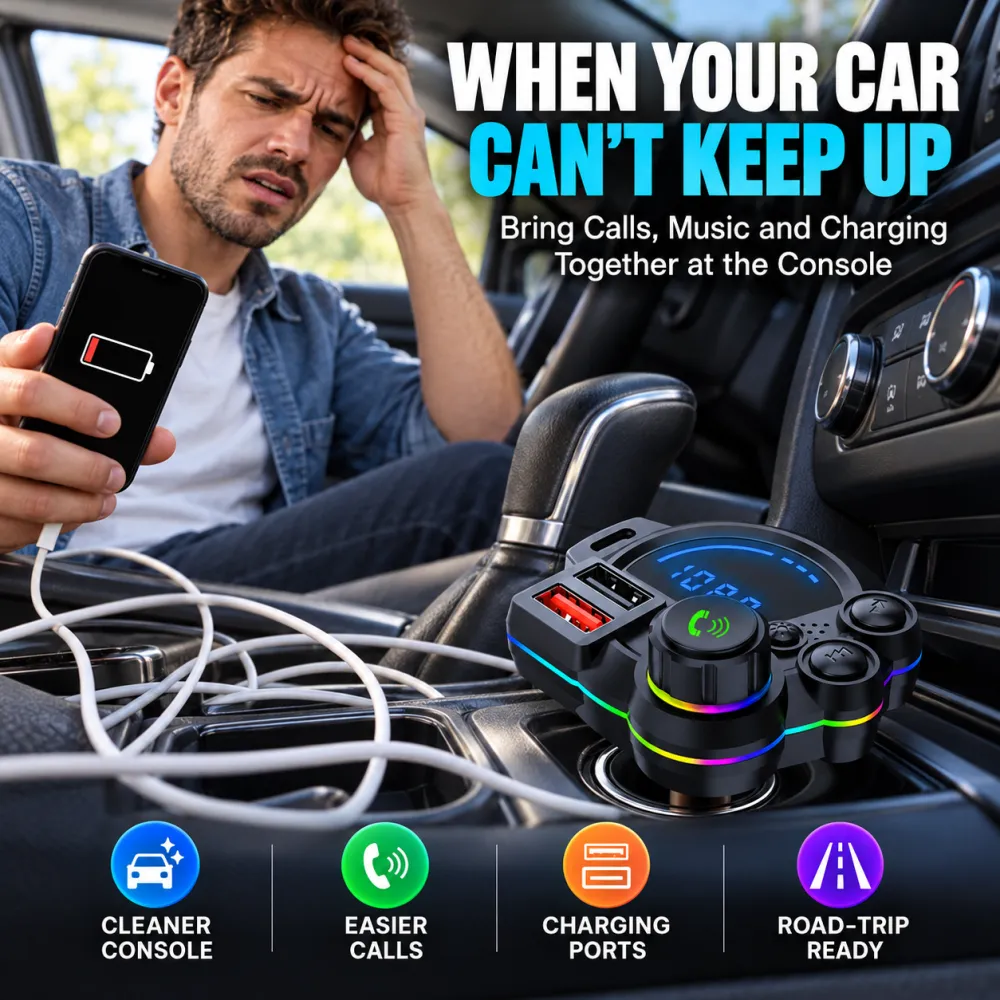 Universal Dual-Port Car FM Bluetooth Transmitter – Wireless Music, Hands-Free Calling & Dual USB Charger