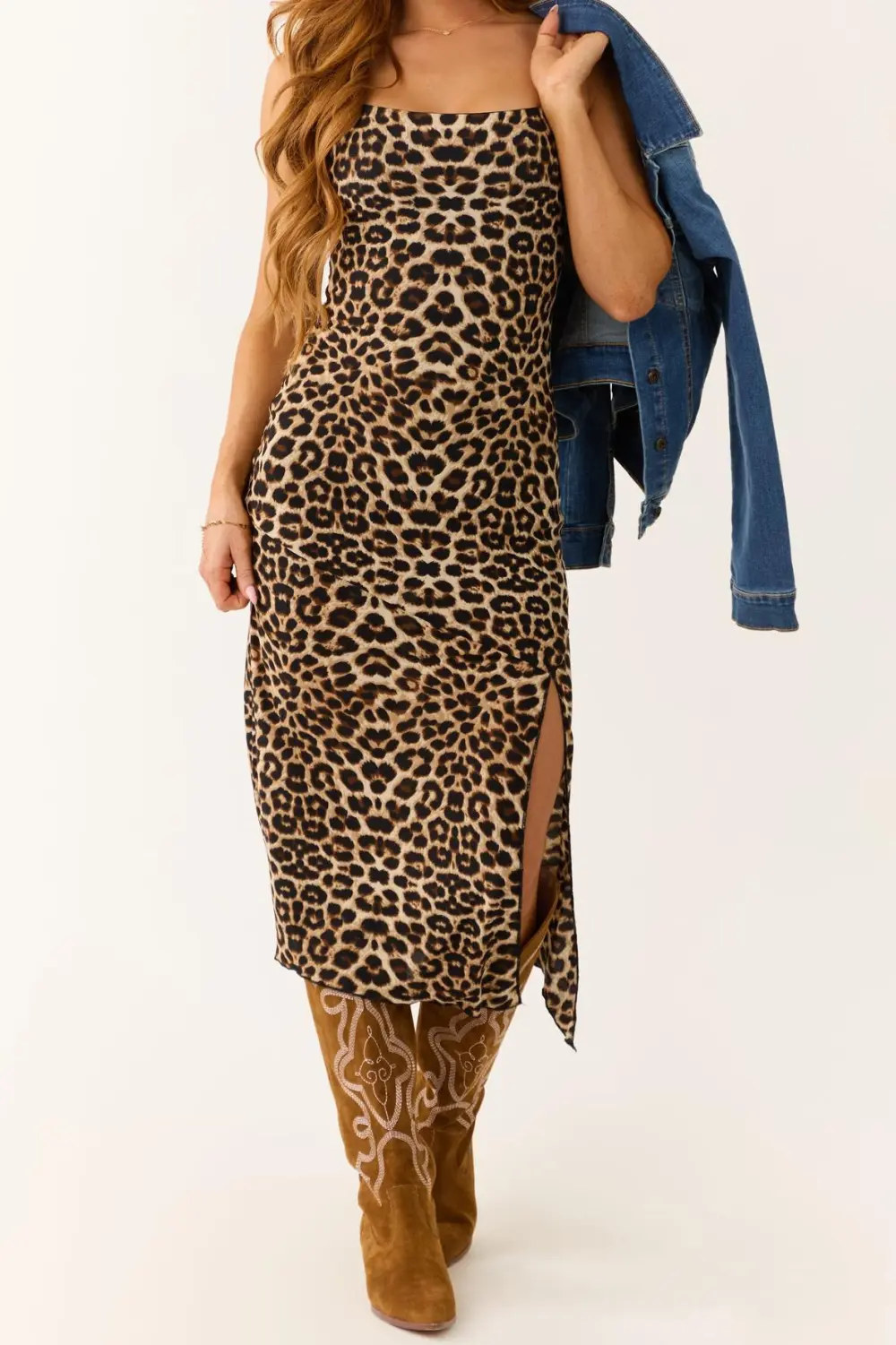 Camel Leopard Print Sleeveless Fitted Midi Dress