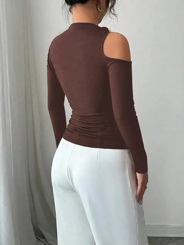 Long Sleeve Slim Fit Asymmetric Neckline T-Shirt