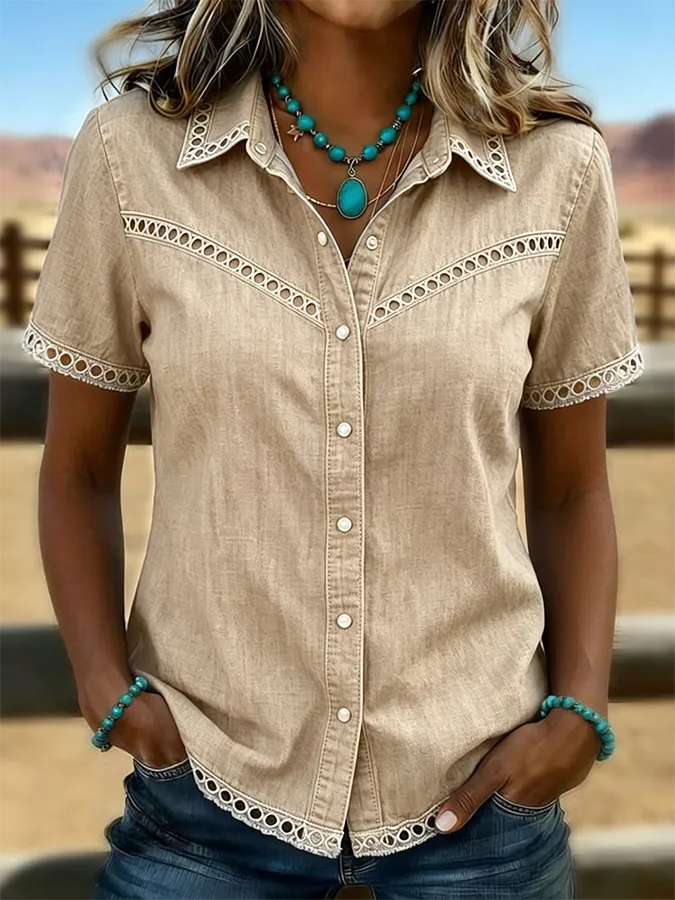 Women's Western Style Retro Solid Color Casual Hollow Denim Shirt