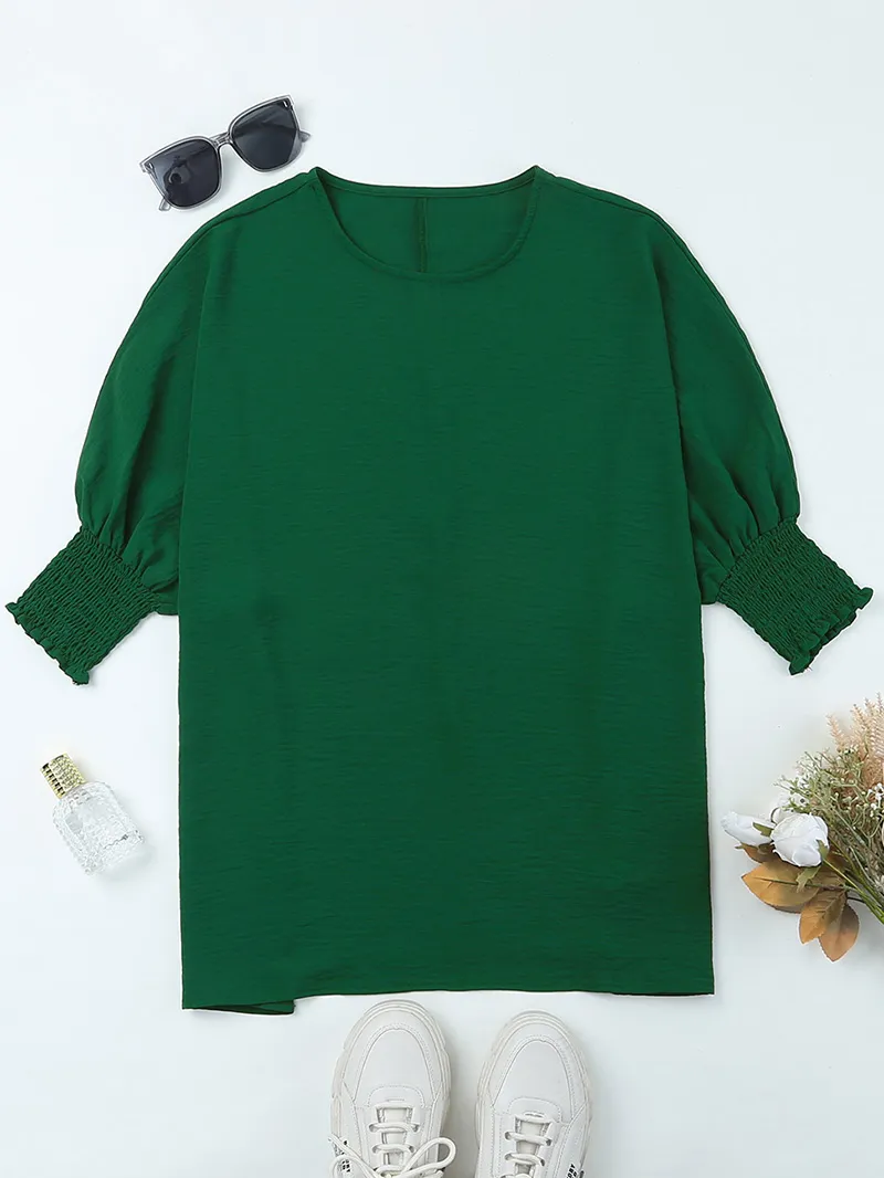 Green Smocked Wrist Shift Top