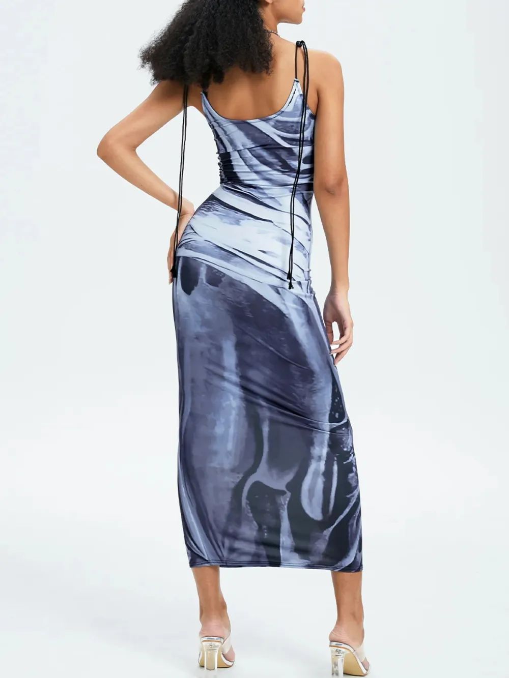 Black Body Print Lace Up Dress Midi Dress
