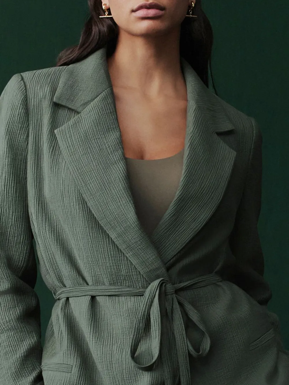 Green Textured Pleated Collar Casual Blazer