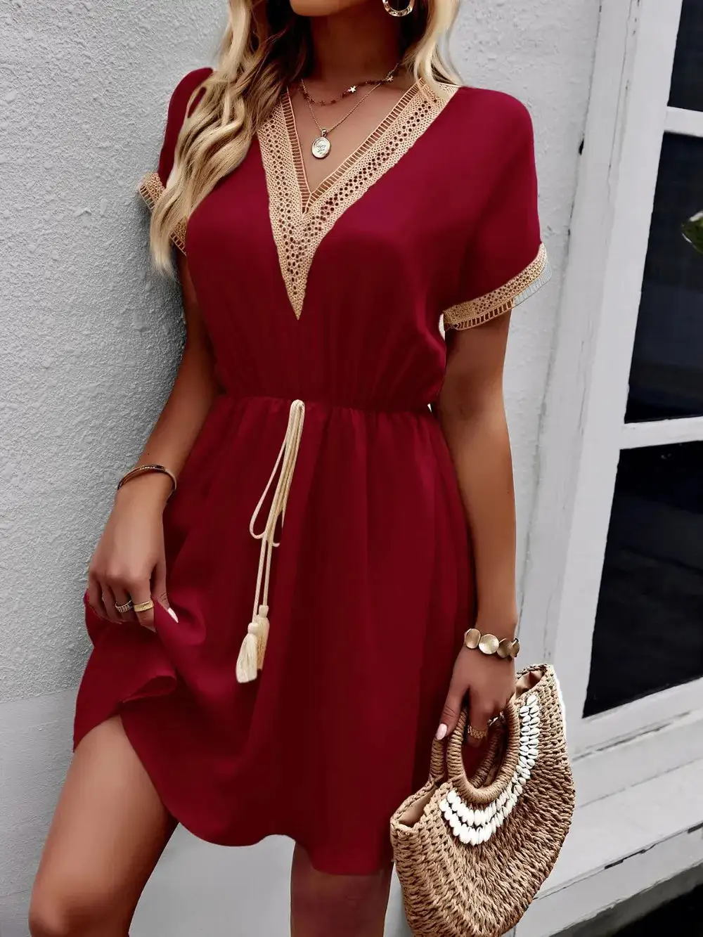 Contrast Trim V Neck Short Sleeve Mini Dress