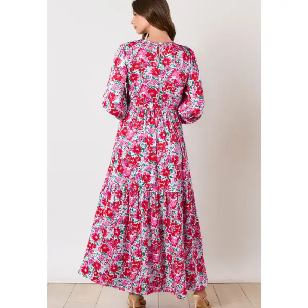 Printed Round Neck Lantern Sleeve Maxi Dress