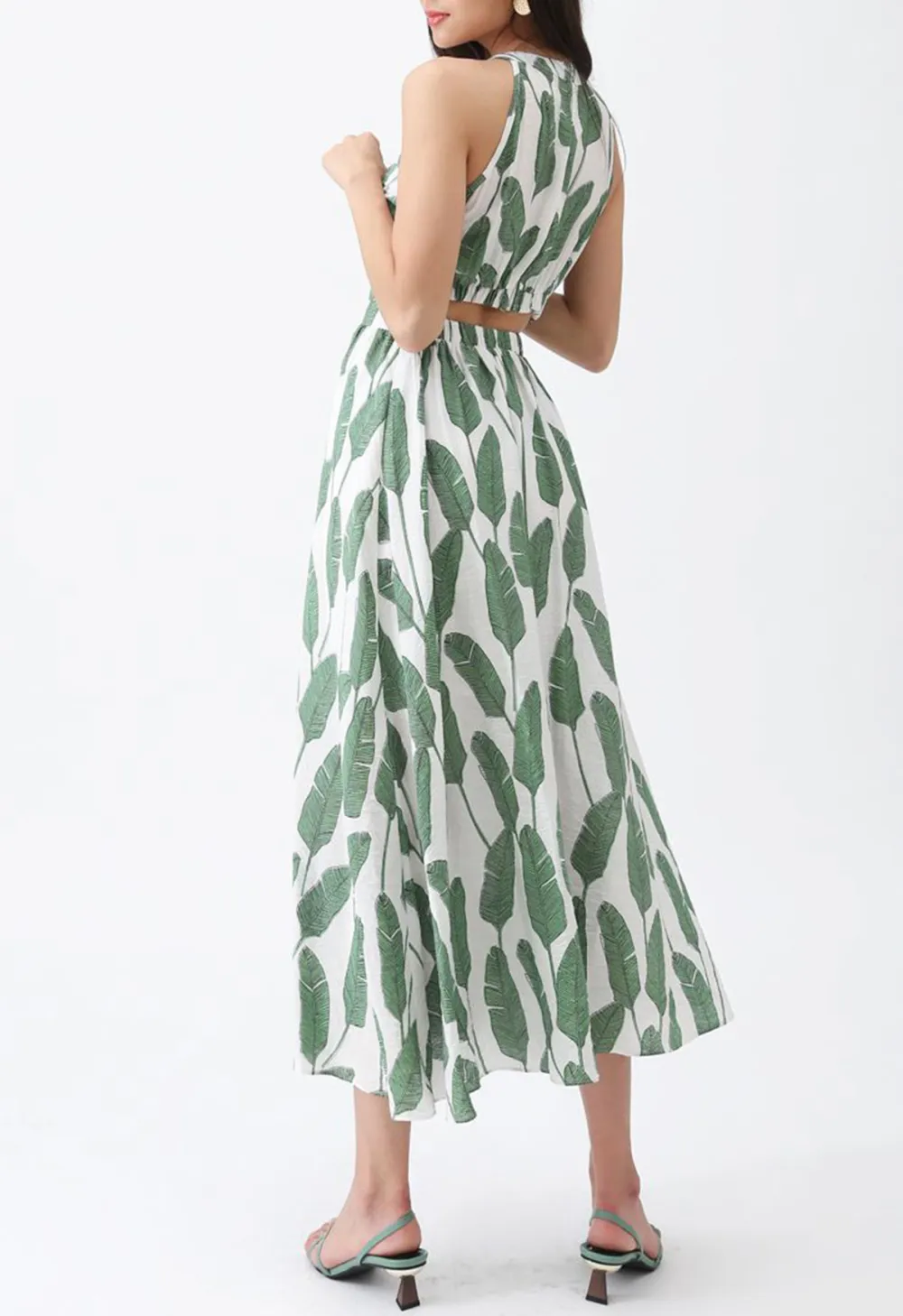 SUMMER PALM LEAF PRINT HALTER NECK MAXI DRESS IN GREEN