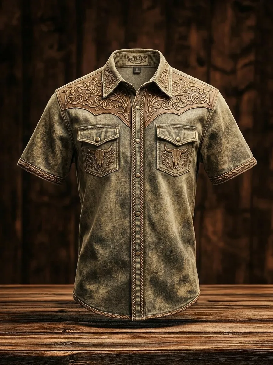 Men's Western Cowboy Bull Skull Floral Printed Shirt