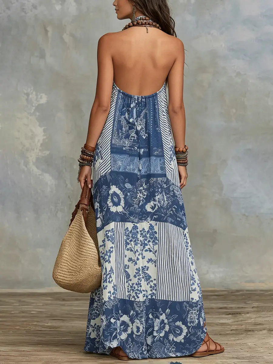 Backless Printed Neck Maxi Dress