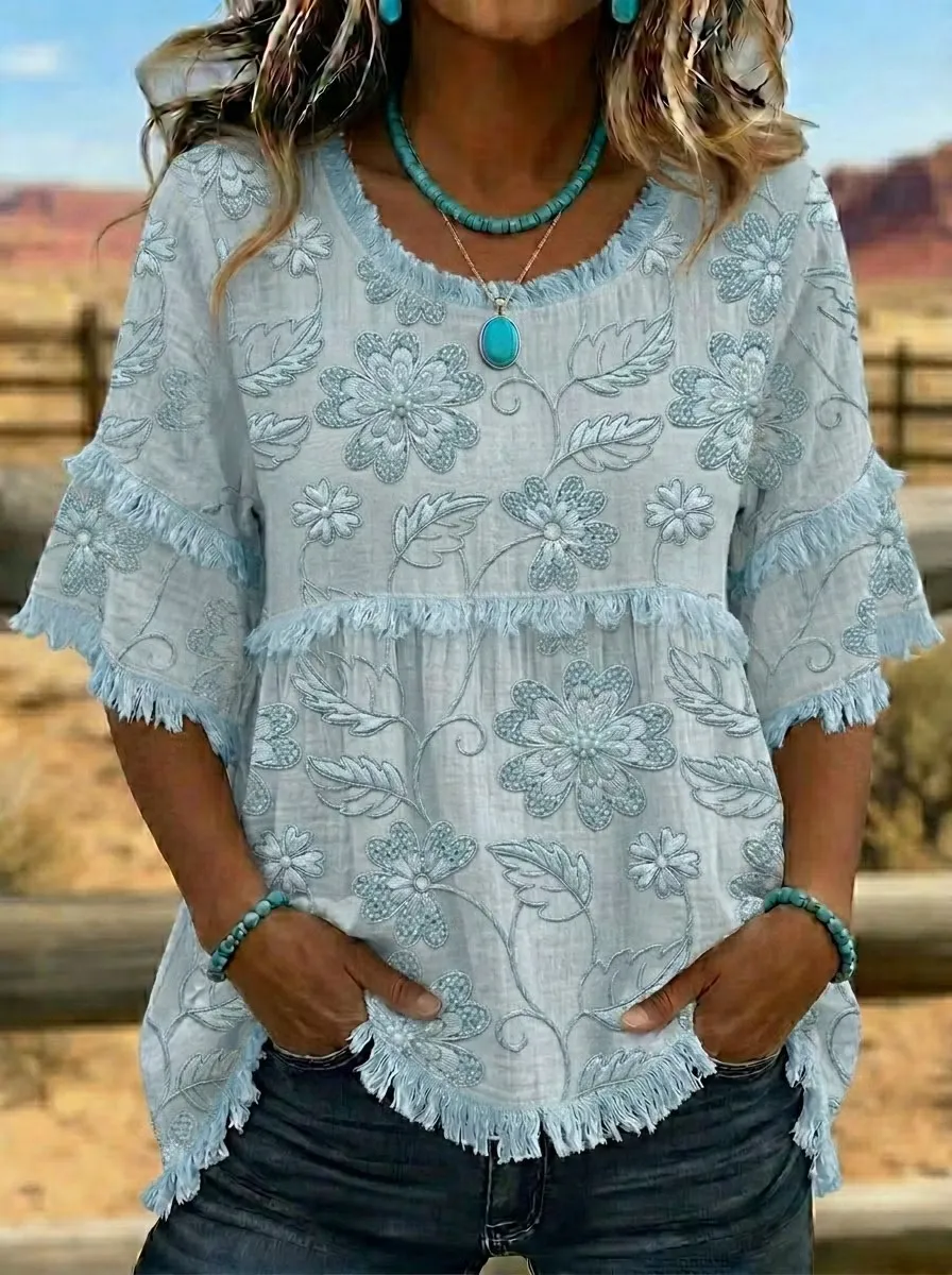 Women'S Retro Western Floral Art Cotton Linen Shirt