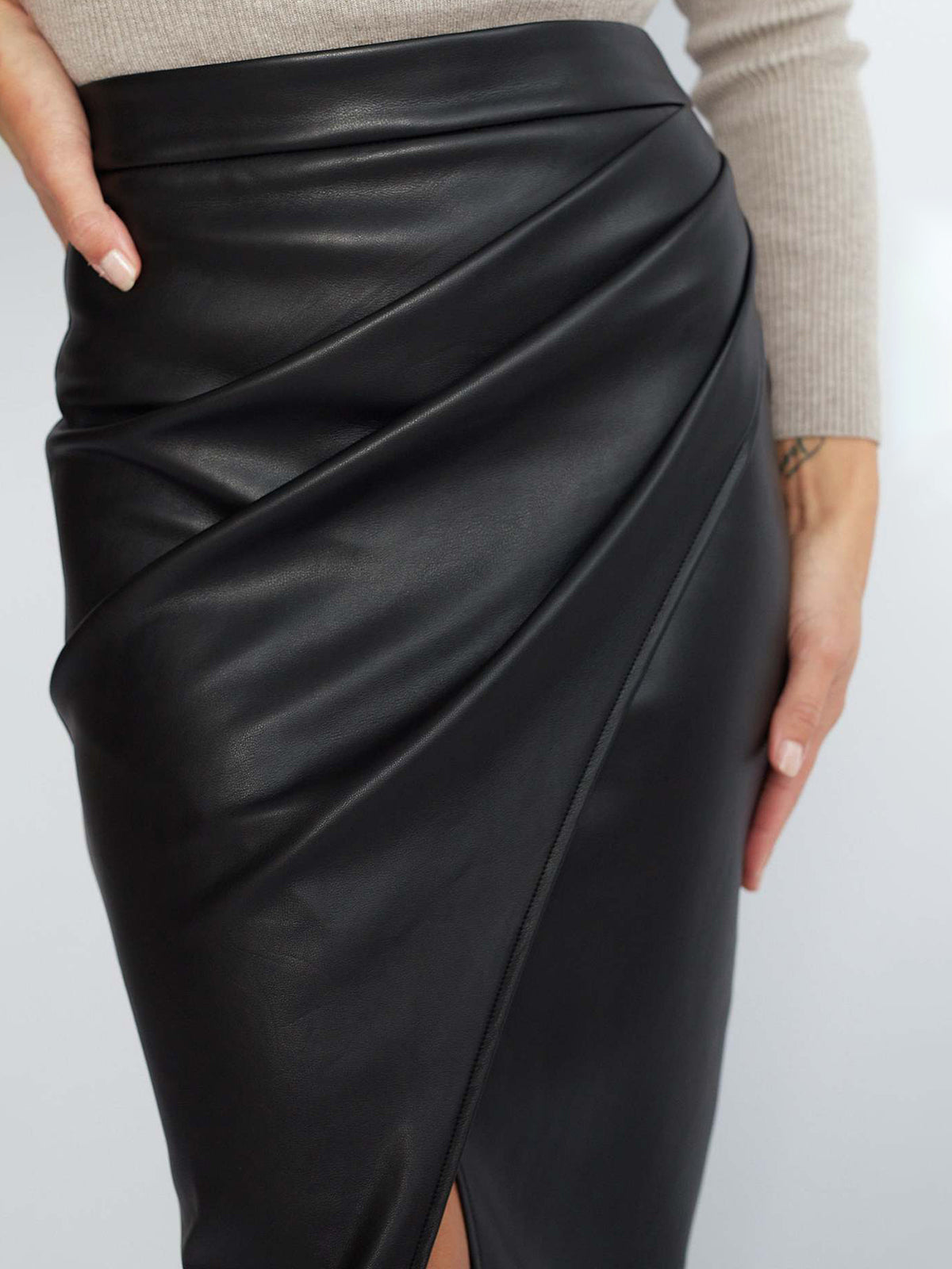 Pleated Split PU Leather Skirt